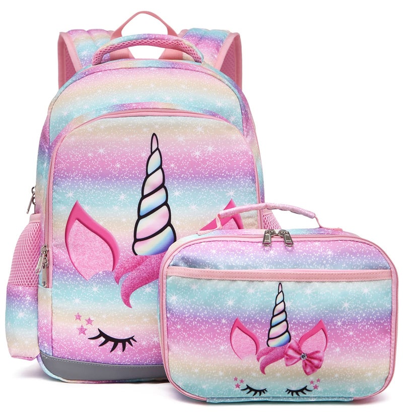 JIANYA Kids Backpack for School, Girls Unicorn Backpack with Lunch Box Preschool Kindergarten Bookbag with Chest Strap - Image 1