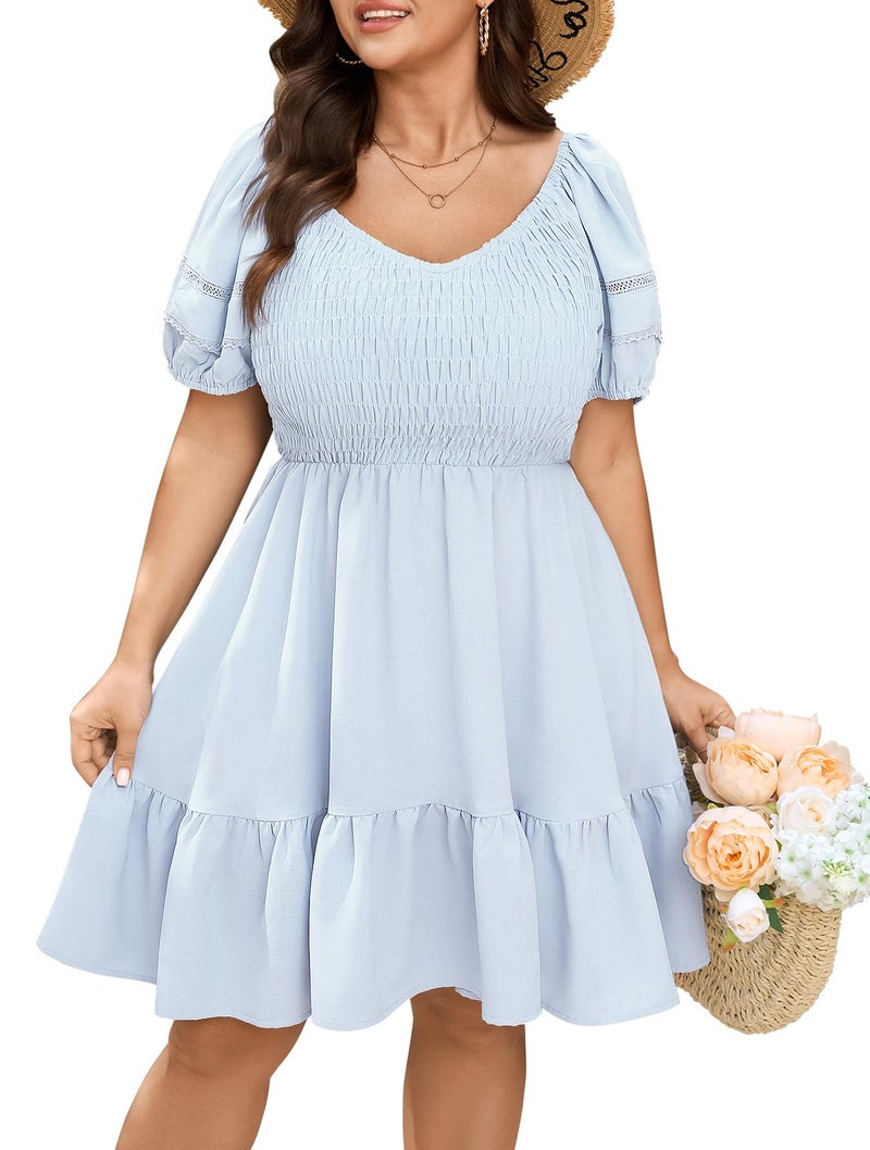 SCOMCHIC Women's Plus Size Summer Dresses Short Sleeve V Neck Casual A Line Spring Smocked Boho Cute Mini Short Dress Baby Blue - Image 1