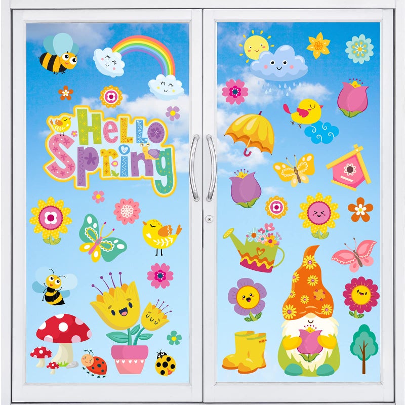 Whaline 111Pcs Spring Window Clings Stickers Hello Spring Flowers Butterfly Bees Birds DoubleSided Window Decals for Spring School Home Office Accessories Party Supplies Gifts 9 Sheets