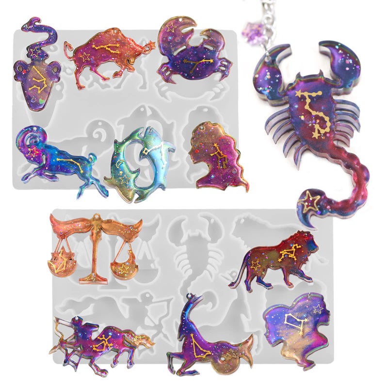 Zodiac Resin Molds 12 Constellation Animals Keychain Silicone Mold Unique Epoxy Resin Casting Molds Pendant Mold for DIY Jewelry Pendant Earrings Necklace Art Crafts Keychain Halloween Decor