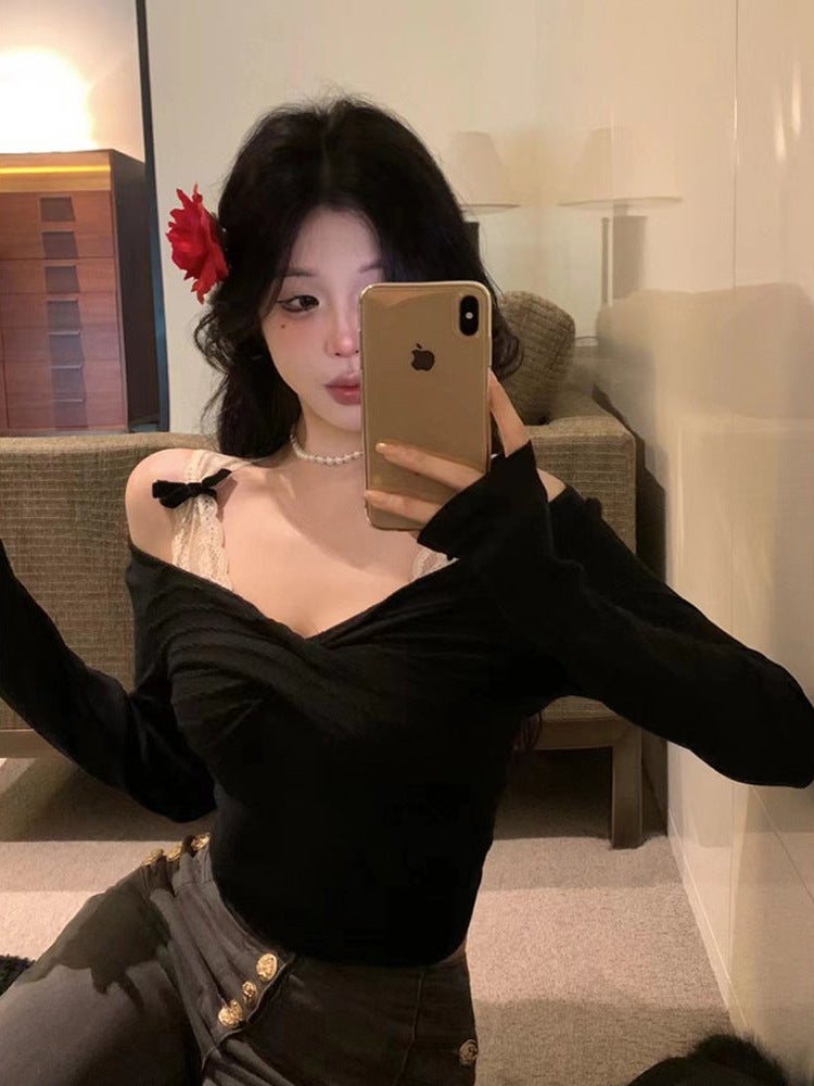 Spice Girls Early Autumn Fake Two-Piece Lace Base Shirt Long-Sleeved T-Shirt Shoulder Slim-Fit Slimming Niche Base Shirt - Image 3