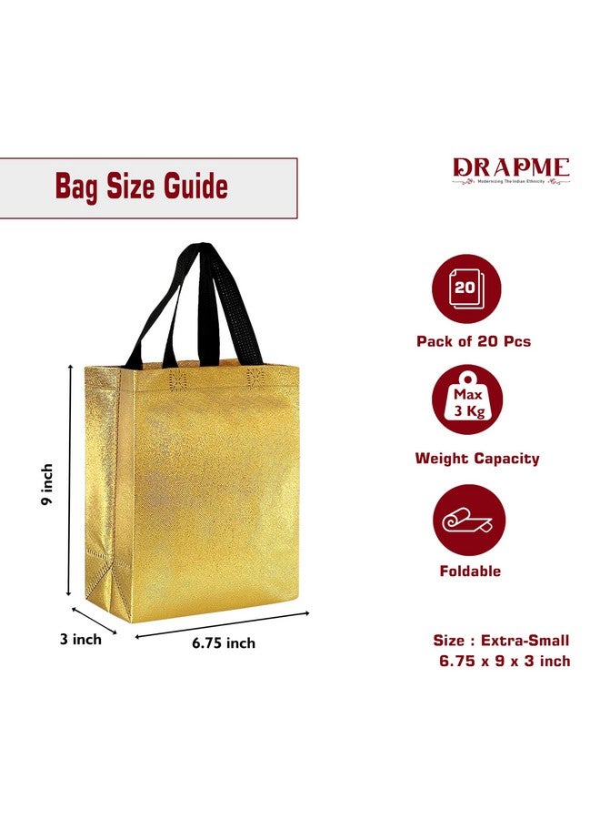 Drapme Extra-Small Size Pack of 20 Pcs Glossy Metallic Laminated Non-Woven Reusable Eco-Friendly Party Return Gift Bags (Golden) (Extra-Small 6.75x9x3 Inch) - Image 2