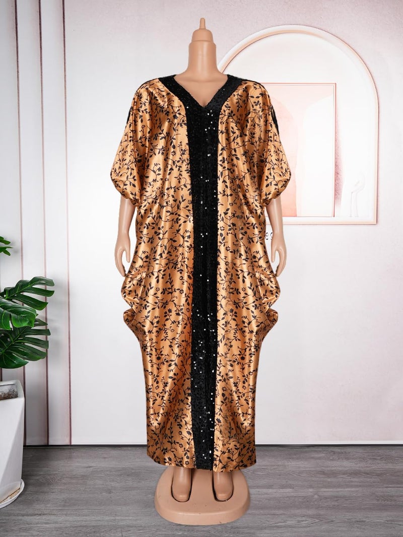 HD African Bubu Dress for Woman Sequin V Neck Coffe Brown Front Slit Caftan Gown - Image 2