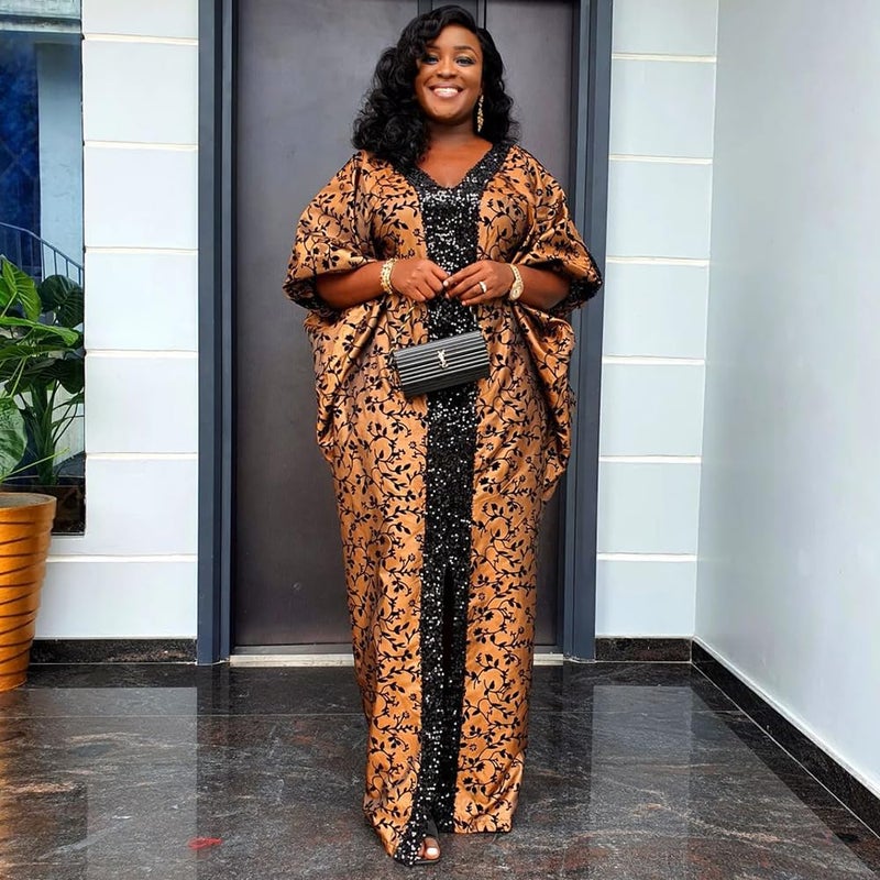 HD African Bubu Dress for Woman Sequin V Neck Coffe Brown Front Slit Caftan Gown - Image 3