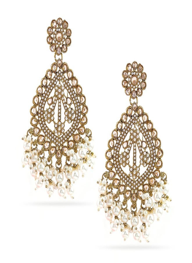 Rubans 18K Mehandi Gold-Plated Long Chandbali Earrings with Pearl Drops & Kundan Accents - Image 2