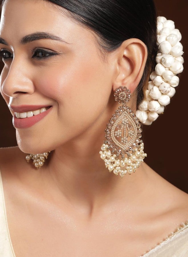 Rubans 18K Mehandi Gold-Plated Long Chandbali Earrings with Pearl Drops & Kundan Accents - Image 5
