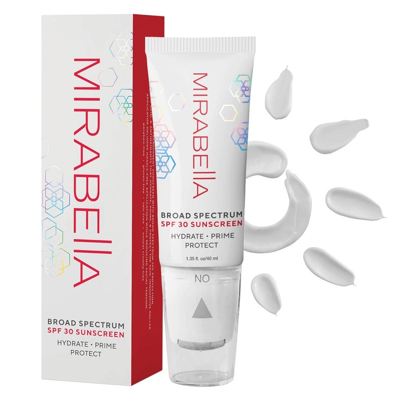 Mirabella Face Primer with SPF Broad Spectrum SPF 30 Hydrating SPF Moisturizer Face Primer  AntiAging Formula with Hyaluronic Acid  Antioxidants  Face Roller Applicator 135 fl Oz