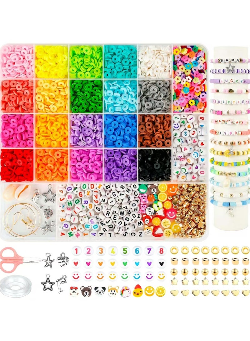 5000+Clay Beads for Bracelet Making Kit - DIY Jewelry Set with Pendant Charms, Elastic Strings, 24 Colors Flat Preppy Beads for Bracelets, Necklace, Earrings - Image 1