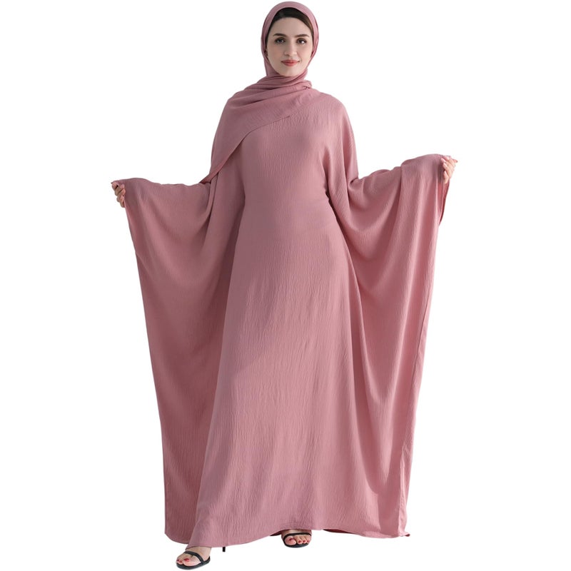 khalat Muslim Abaya Dress Women Middle East Arabian Prayer Robe Batwing Maxi Kaftan Abaya Dress with Hijab Pink - Image 1