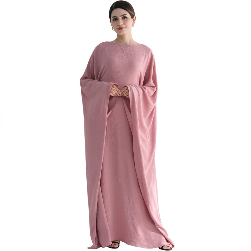khalat Muslim Abaya Dress Women Middle East Arabian Prayer Robe Batwing Maxi Kaftan Abaya Dress with Hijab Pink - Image 5