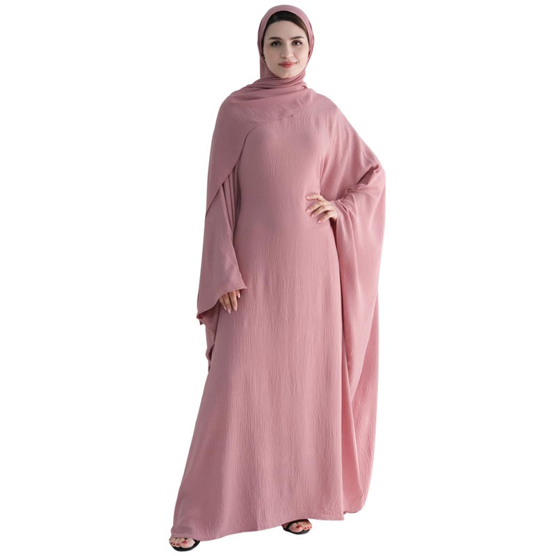 khalat Muslim Abaya Dress Women Middle East Arabian Prayer Robe Batwing Maxi Kaftan Abaya Dress with Hijab Pink - Image 3