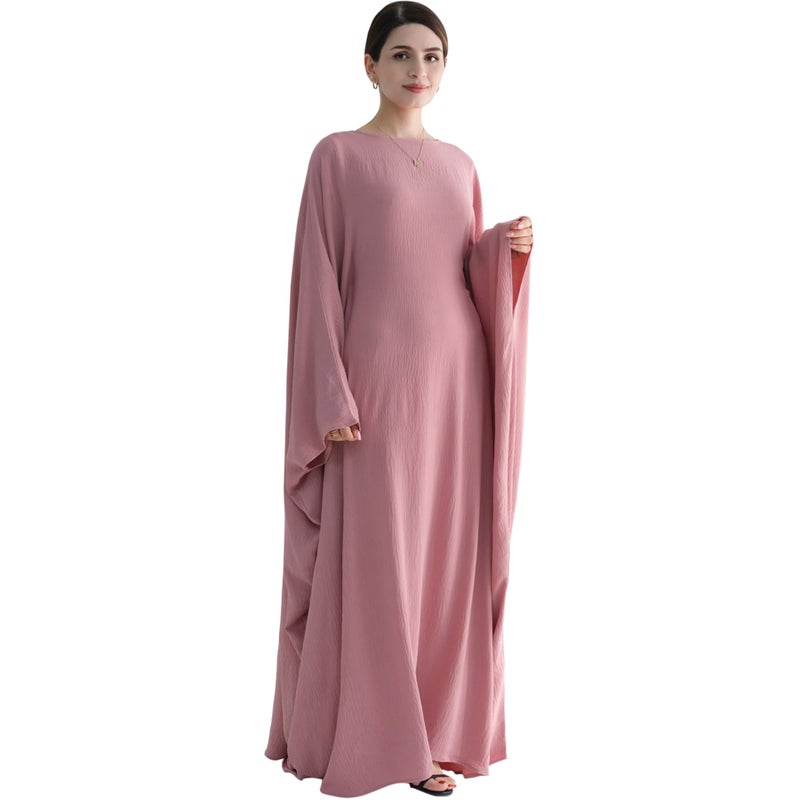 khalat Muslim Abaya Dress Women Middle East Arabian Prayer Robe Batwing Maxi Kaftan Abaya Dress with Hijab Pink - Image 4