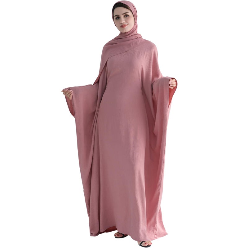 khalat Muslim Abaya Dress Women Middle East Arabian Prayer Robe Batwing Maxi Kaftan Abaya Dress with Hijab Pink - Image 2