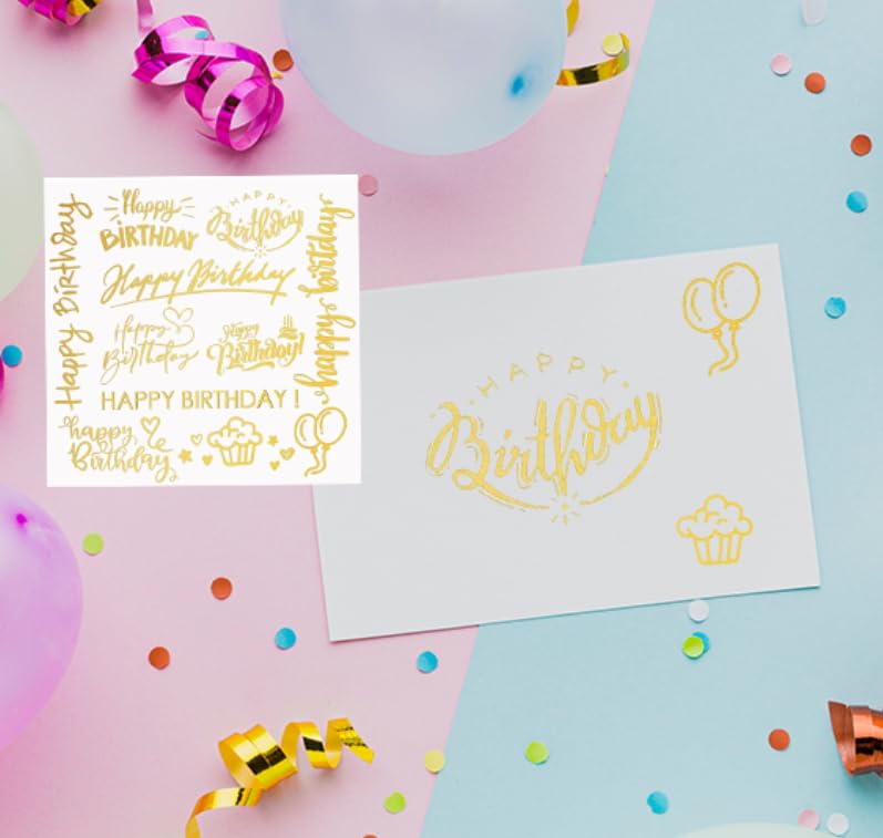 Topabel Happy Birthday Stickers,Word Pattern Rub On Sticker Gold Foil Script Happy Birthday Sticker Birthday Party Stickers DIY Party Supplies,5 Inches Per Sheet - Image 4