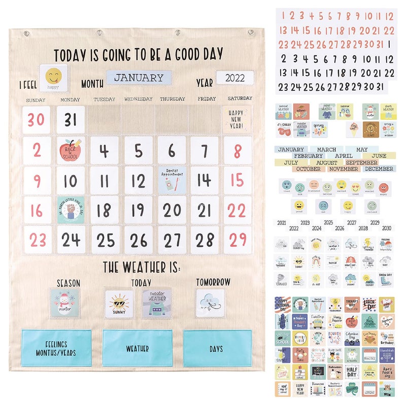 The Peanutshell Learning Calendar Wall Chart Homeschool Supplies Interactive Pocket Chart for Toddlers Kids Preschool Learning Activity Board Circle Time Board for Classroom Good Day