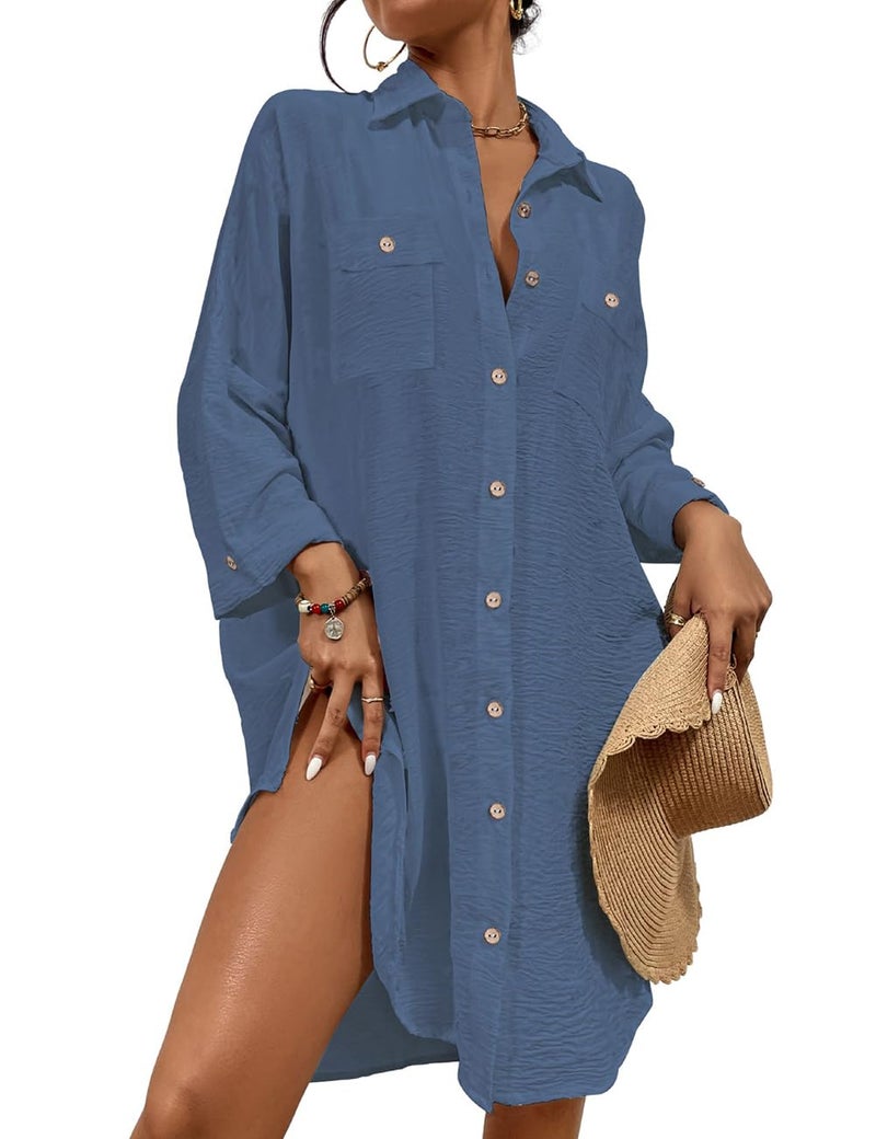 Bsubseach Womens Modern Swimsuit Cover Up Blouse Button Down Shirt Dresses Tops Blue M - Image 1