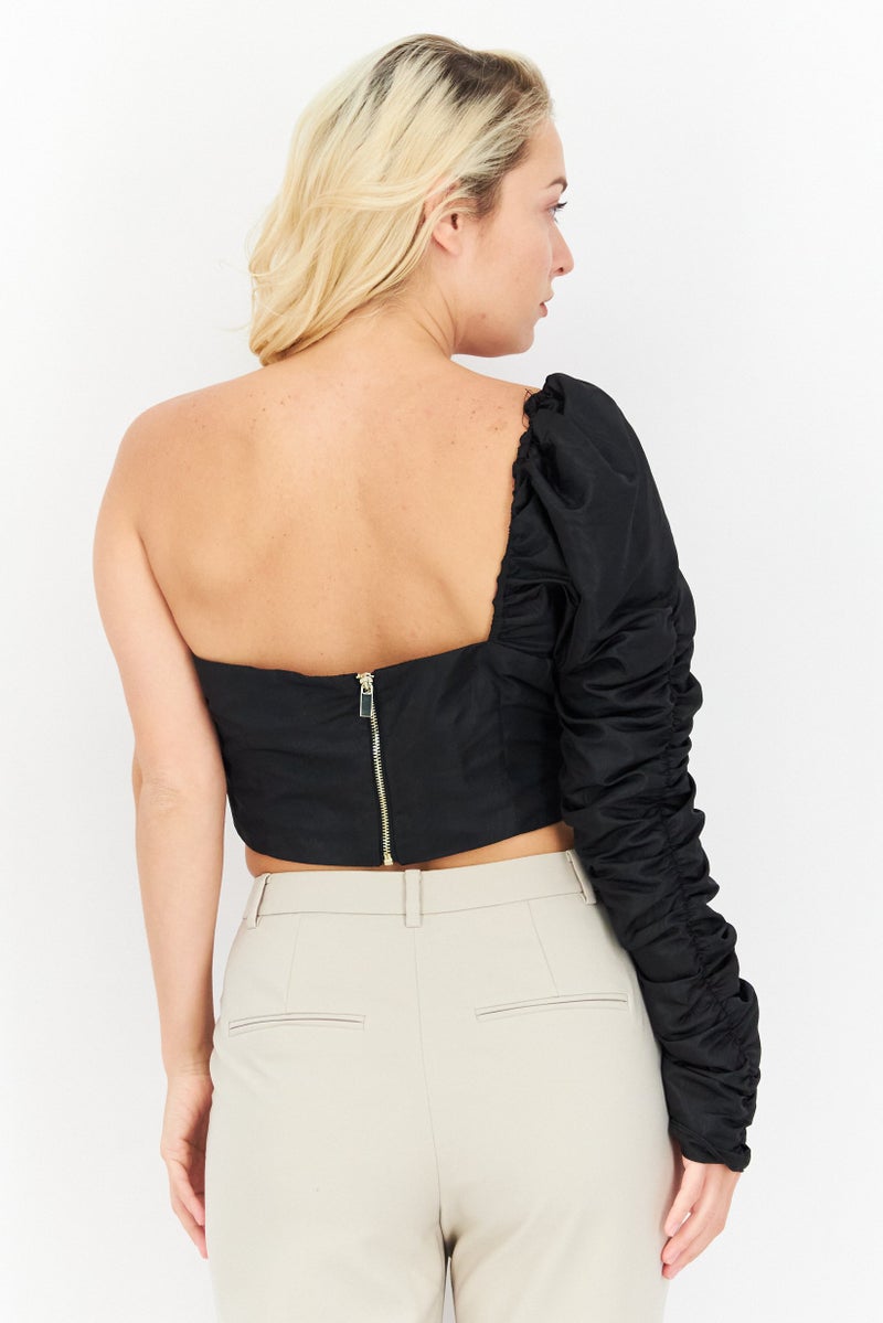 RIVER ISLAND Women Asymmetrical One Shoulder Ruched Top, Black - Image 2