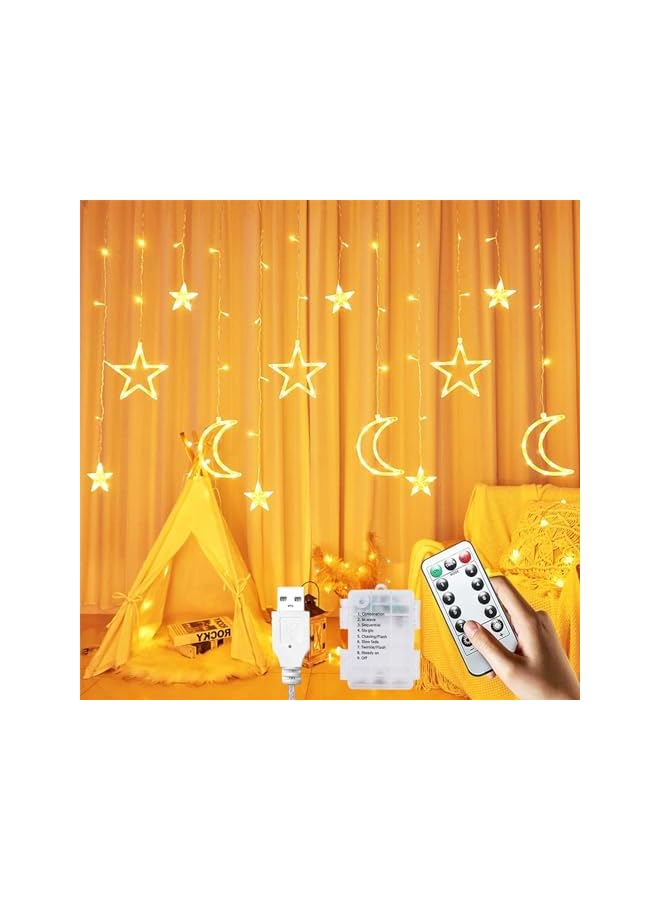 The Bros زينة رمضان أضواء ستارة 3.5 متر، نجوم وقمر أضواء نافذة رمضان 8 أوضاع تعمل بالطاقة USB والبطارية، 138 LED إضاءة ليلية داخلية وخارجية لتزيين المنزل في رمضان (أبيض دافئ) - Image 2