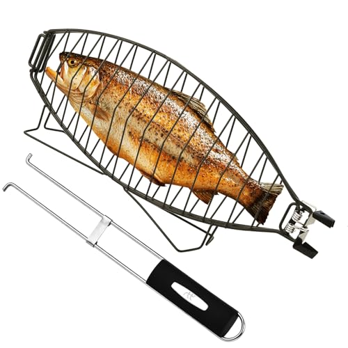 RTT Fish Grilling Basket for Grill - Stainless Steel Basket, Non-Stick Fish Rack for Grilling with Adjustable Lock Removable Handle, Ideal for BBQ, Camping, Charcoal and Gas Grills - Image 1