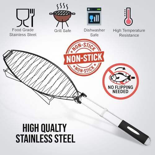 RTT Fish Grilling Basket for Grill - Stainless Steel Basket, Non-Stick Fish Rack for Grilling with Adjustable Lock Removable Handle, Ideal for BBQ, Camping, Charcoal and Gas Grills - Image 5