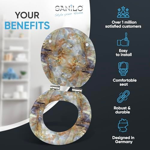 SANILO Wooden Toilet Seat with Soft Close [ROUND] - Decorative, Quiet & Slow Close Molded Wood Seat - With Strong Bumpers & Hinges - Adjustable Fit – Marble Brown - Image 2