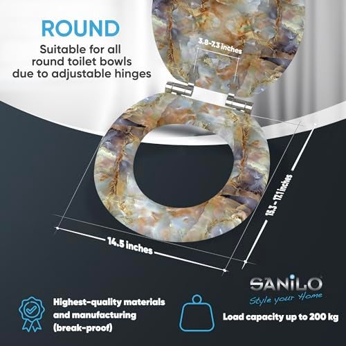 SANILO Wooden Toilet Seat with Soft Close [ROUND] - Decorative, Quiet & Slow Close Molded Wood Seat - With Strong Bumpers & Hinges - Adjustable Fit – Marble Brown - Image 4