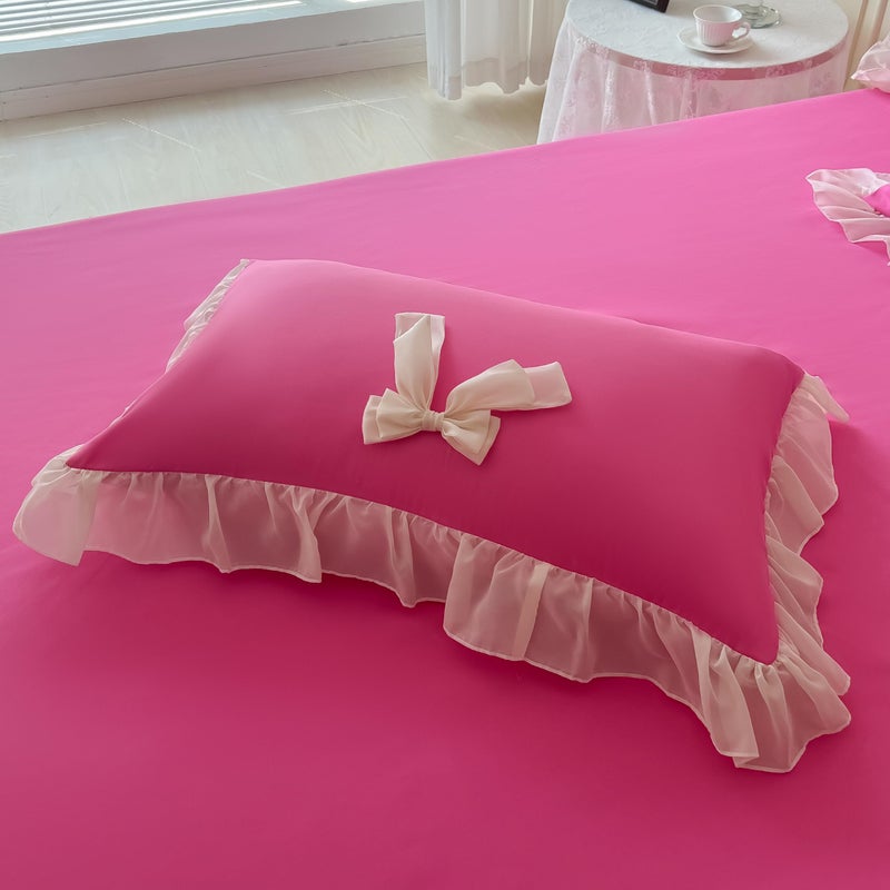SOUKECHY Girls Lace Bedding,Queen Comforter Cover Set, Chic Ruffled Duvet Cover with Lovely Bow,Princess Style 1 Duvet Cover with 2 Pillowcases, No Comforter-Hot Pink,Queen Size - Image 3