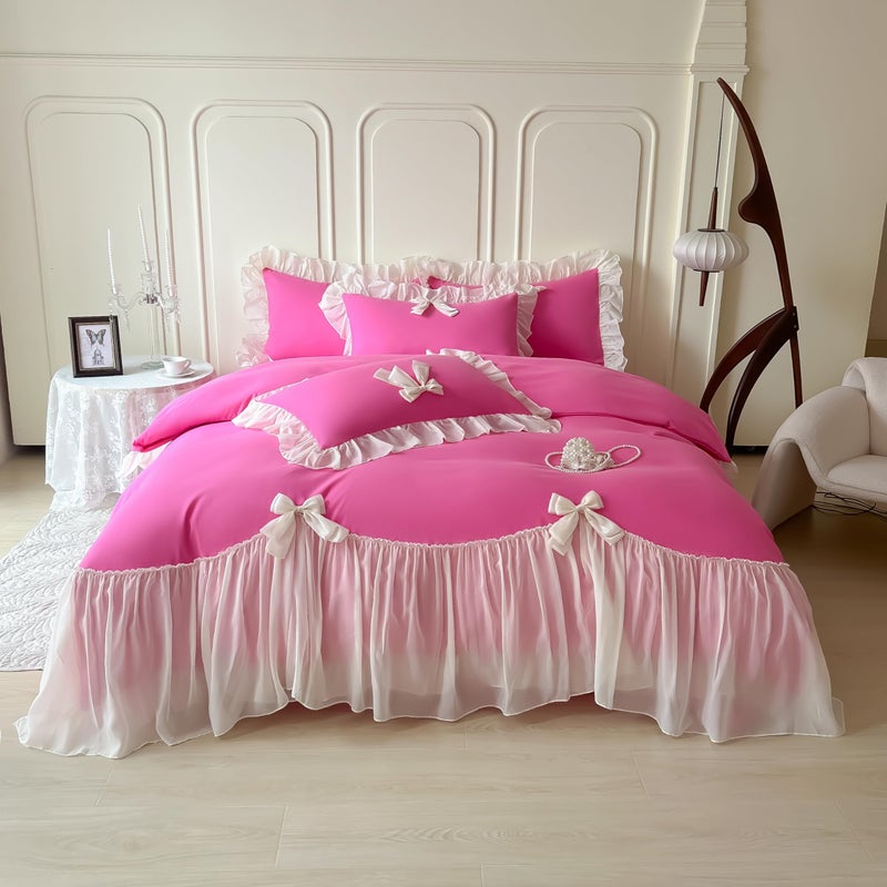 SOUKECHY Girls Lace Bedding,Queen Comforter Cover Set, Chic Ruffled Duvet Cover with Lovely Bow,Princess Style 1 Duvet Cover with 2 Pillowcases, No Comforter-Hot Pink,Queen Size - Image 1