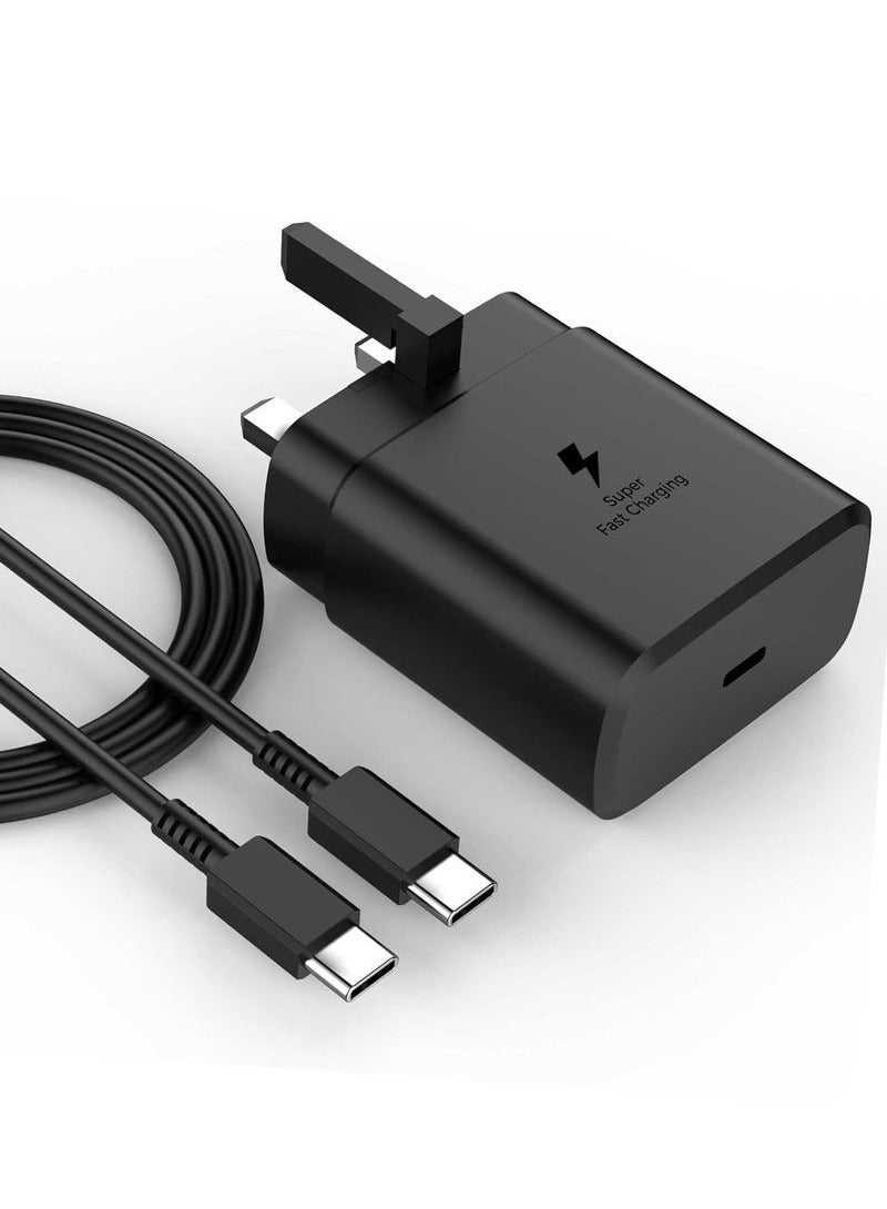 شاحن سريع للغاية بقوة 45 وات مع مقبس نوع C وكابل USB C، محول حائط للشحن السريع بطول 1.5 متر، متوافق مع أجهزة S24 Ultra/S24 Plus/S23 FE/S24/S22/S21 S20، A54 A25 A15 A05S A53 A34 A23 5G، Z Fold 4 5/Z Filp، Tab S7 S8، وأجهزة أخرى، أسود - Image 1