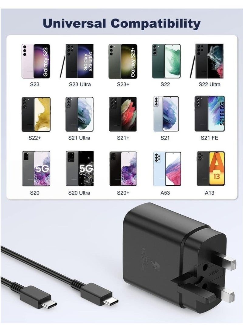 شاحن سريع للغاية بقوة 45 وات مع مقبس نوع C وكابل USB C، محول حائط للشحن السريع بطول 1.5 متر، متوافق مع أجهزة S24 Ultra/S24 Plus/S23 FE/S24/S22/S21 S20، A54 A25 A15 A05S A53 A34 A23 5G، Z Fold 4 5/Z Filp، Tab S7 S8، وأجهزة أخرى، أسود - Image 2