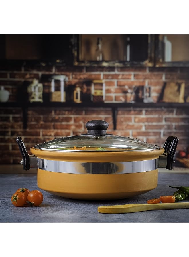 Olsenmark Traditional Cookware Clay Handi With Glass Lid Omcp6015 100 Percent Eco Friendly 500Ml Cookware With Bakelite Handle And Knob Beneficial And Healthy Multiple Use Venetian Red - Image 1