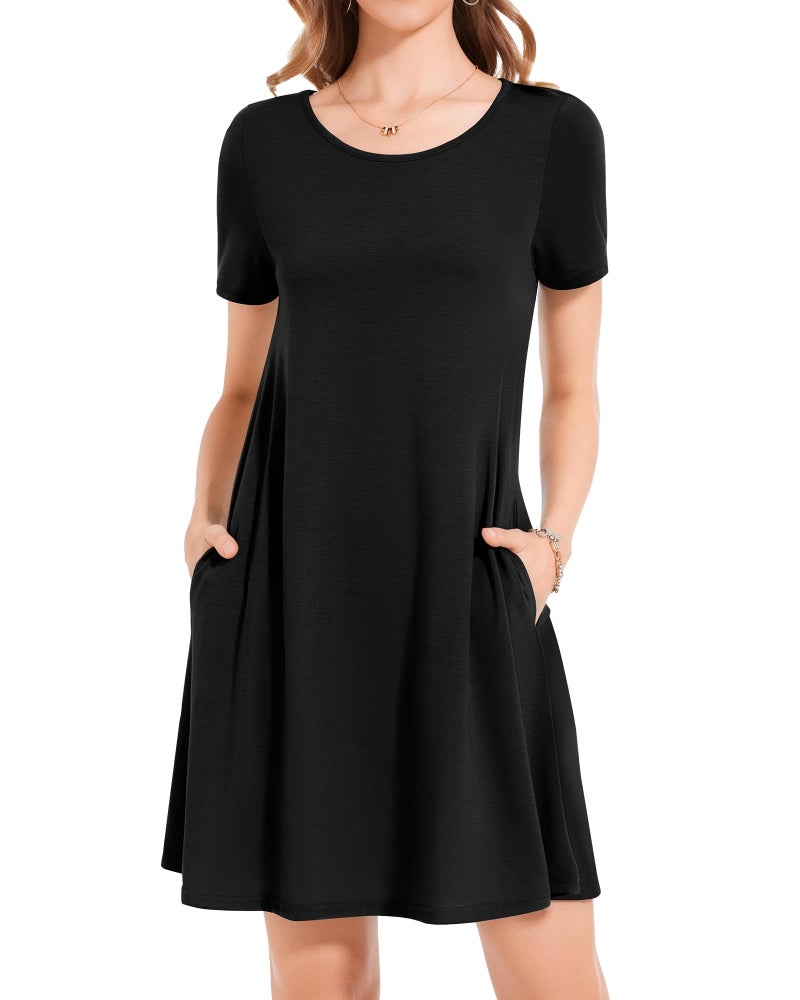 elescat Black Summer Dresses for Women Tshirt Beach Swing Formal Pockets Sundress(Black,2XL) - Image 4