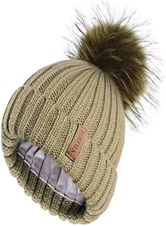 V3E Girl's Winter Knitted Beanie Hat with Faux Fur Pom Fleece Lined Warm Beanie (Khaki) - Image 1