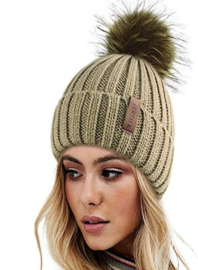 V3E Girl's Winter Knitted Beanie Hat with Faux Fur Pom Fleece Lined Warm Beanie (Khaki) - Image 4