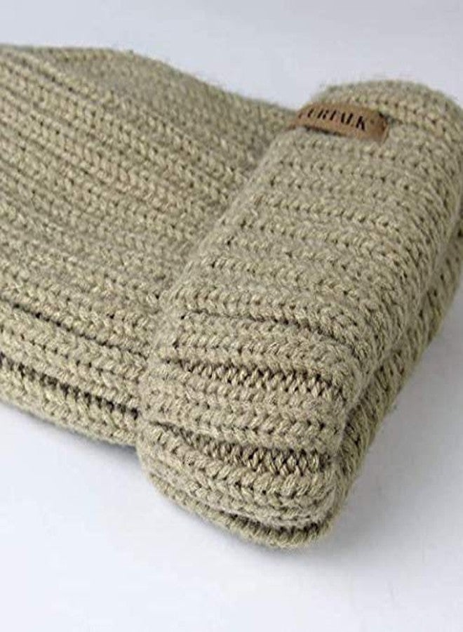 V3E Girl's Winter Knitted Beanie Hat with Faux Fur Pom Fleece Lined Warm Beanie (Khaki) - Image 3