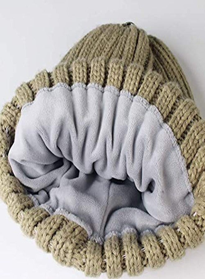 V3E Girl's Winter Knitted Beanie Hat with Faux Fur Pom Fleece Lined Warm Beanie (Khaki) - Image 2