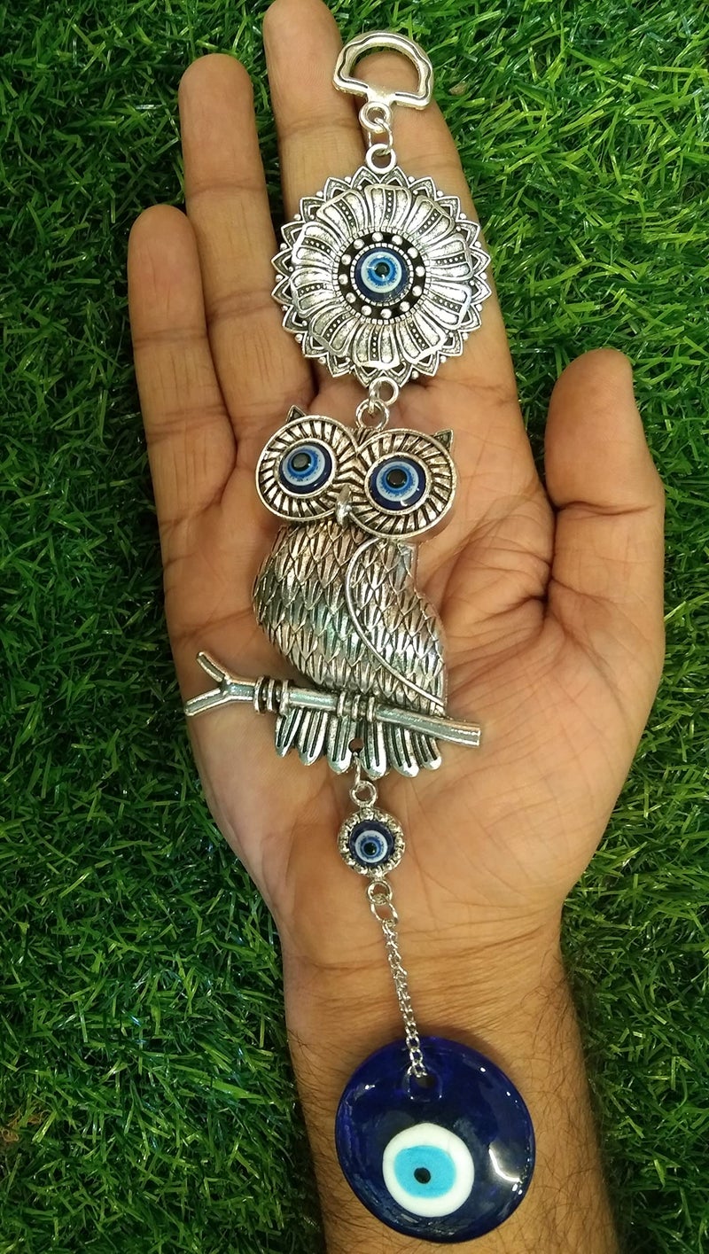 DT DECTONE Metal Nazar Battu for Home Entrance, Evil Eye Hanging, Lucky Big Owl Showpiece for Good Luck and Prosperity at Office, Blue - Image 2
