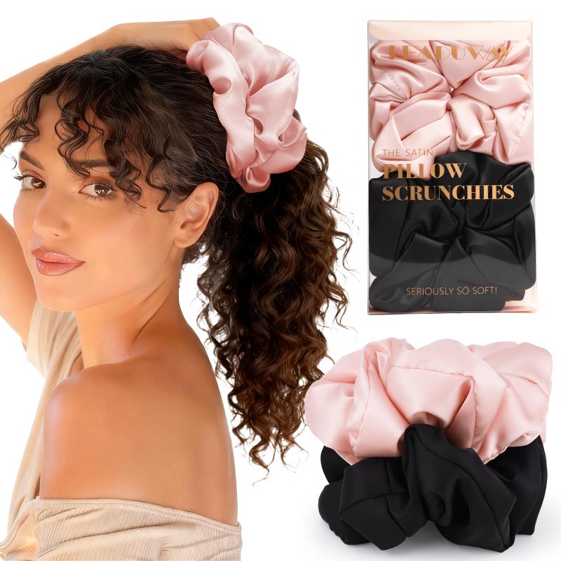 LEADUWAY 2 Pack Silky Scrunchies No Damage Pillow Scrunchies, Silk-Lilk Soft Oversized Hair Ties Ponytail Holders for Sleeping, Curly Thick or Thin Hair (Pink & Black) - Image 1
