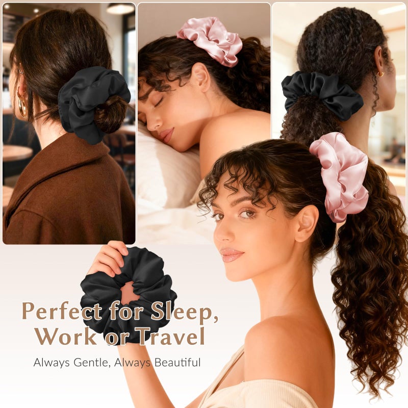LEADUWAY 2 Pack Silky Scrunchies No Damage Pillow Scrunchies, Silk-Lilk Soft Oversized Hair Ties Ponytail Holders for Sleeping, Curly Thick or Thin Hair (Pink & Black) - Image 5