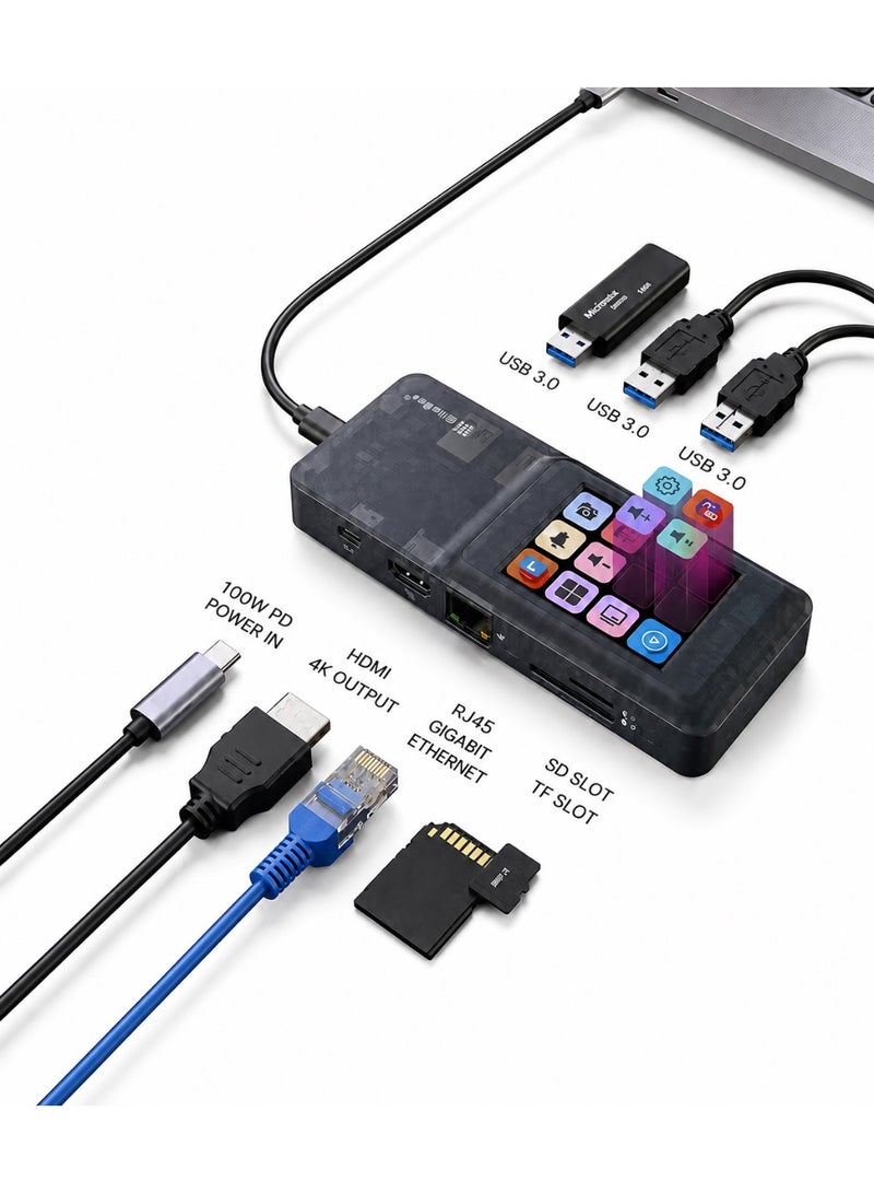 MiraBox H1 8 in 1 Smart Docking Station with Built-in Touch Display Screen, Multi-Function USB-C Hub for Streaming, Gaming & Office Work, 4K HDMI, PD 100W Fast Charging, Gigabit Ethernet Adapter, USB 3.0, SD/TF Card Reader & Audio – Compatible with MacBook, Laptops, PCs & USB-C Devices - Image 1