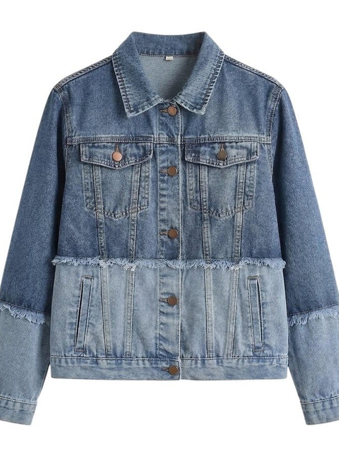 YEXPINE Women's Denim Jacket Button Down Long Sleeve Jean Jackets with Raw Edge, Blue, M - Image 1
