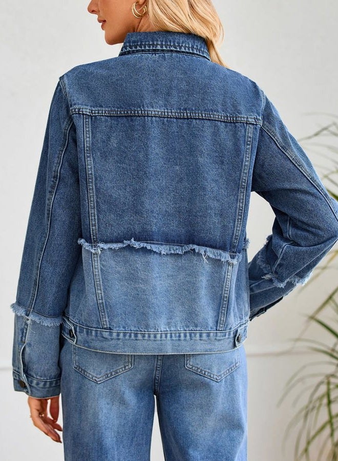 YEXPINE Women's Denim Jacket Button Down Long Sleeve Jean Jackets with Raw Edge, Blue, M - Image 5
