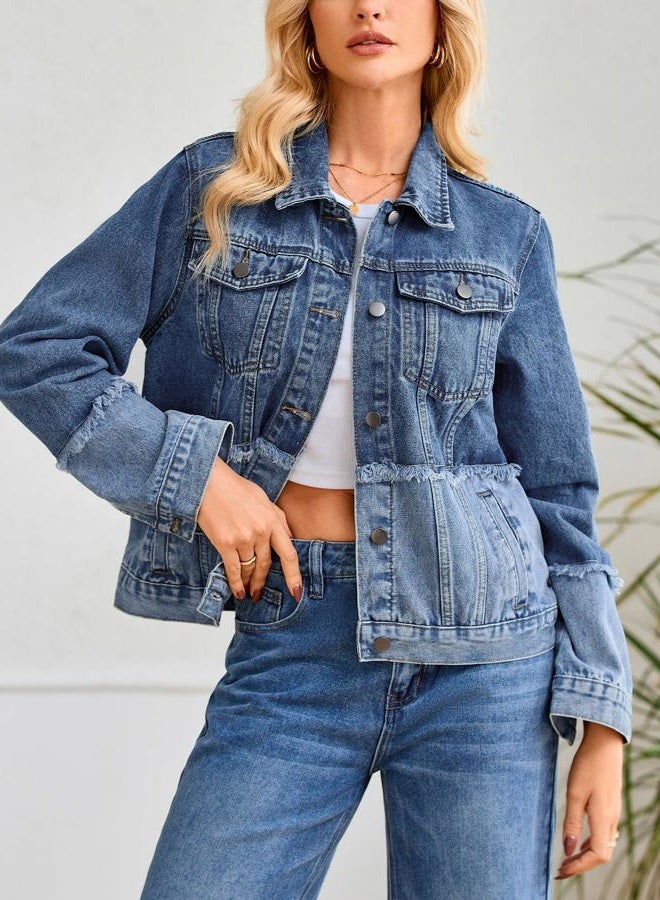 YEXPINE Women's Denim Jacket Button Down Long Sleeve Jean Jackets with Raw Edge, Blue, M - Image 4