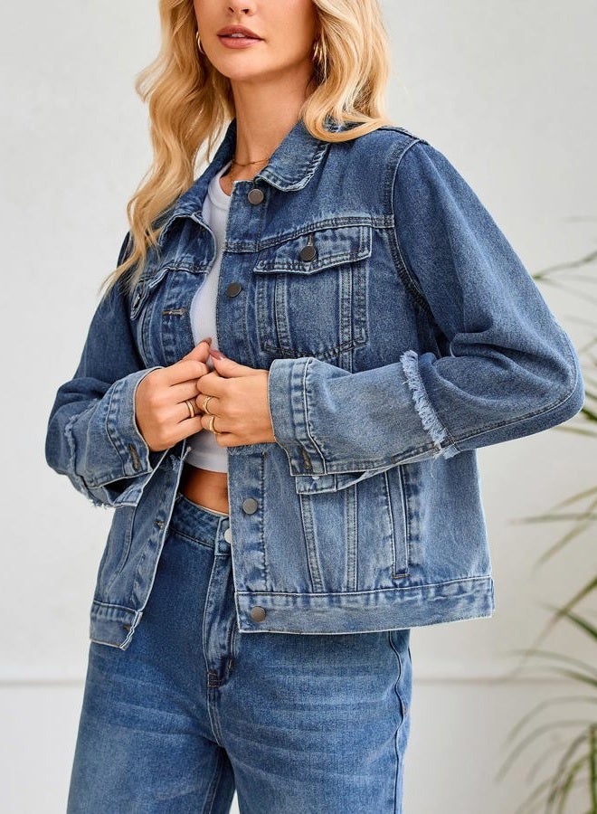 YEXPINE Women's Denim Jacket Button Down Long Sleeve Jean Jackets with Raw Edge, Blue, M - Image 3