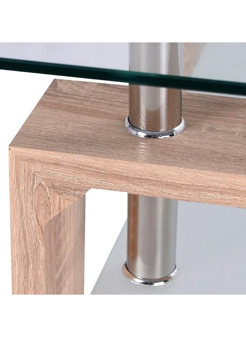 AL WADI FURNITURE - Set of 2 Glass Coffee Table 2 Tier Tea Table Tempered Glass Tabletop & Stainless Steel Tube, Modern Side Tables w/Wooden Legs & Lower Shelf, Glass End Table for Living Room - Image 1