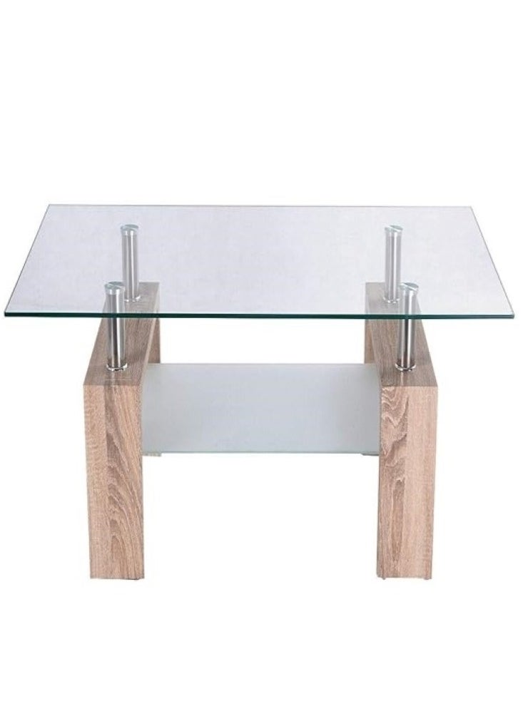 AL WADI FURNITURE - Set of 2 Glass Coffee Table 2 Tier Tea Table Tempered Glass Tabletop & Stainless Steel Tube, Modern Side Tables w/Wooden Legs & Lower Shelf, Glass End Table for Living Room - Image 1
