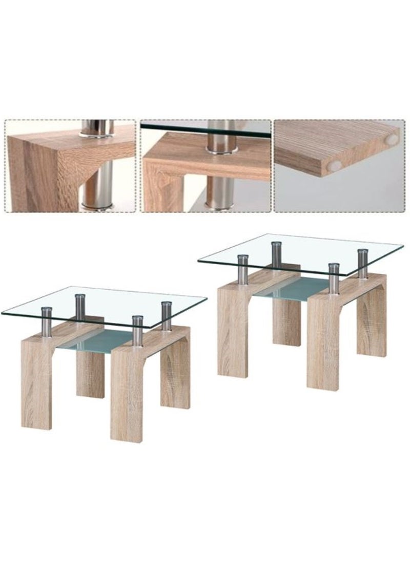 AL WADI FURNITURE - Set of 2 Glass Coffee Table 2 Tier Tea Table Tempered Glass Tabletop & Stainless Steel Tube, Modern Side Tables w/Wooden Legs & Lower Shelf, Glass End Table for Living Room - Image 1