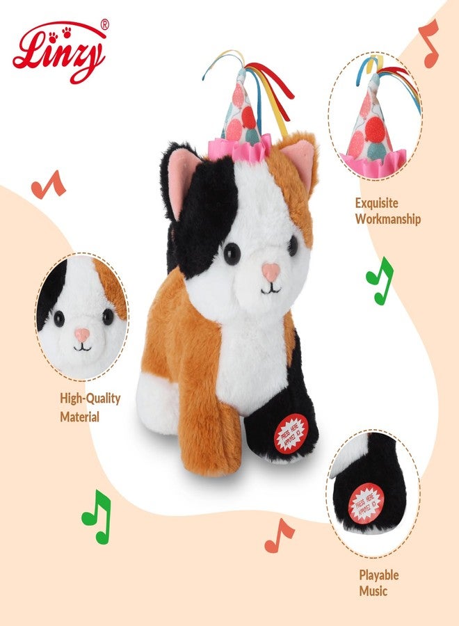 Linzy 8.5” Light Up Calico Cat Stuffed Animal with Party Hat, Soft Musical Plush Toy with Magic LED Night Lights, Glowing Cute Cat Plushie, Birthday Christmas for Toddlers Kids & Adults - Image 4