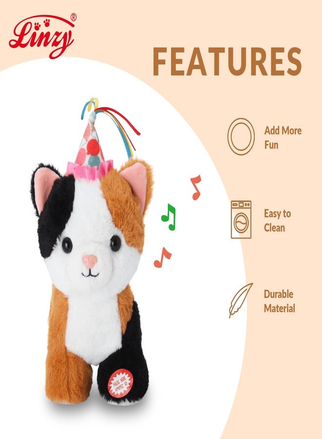 Linzy 8.5” Light Up Calico Cat Stuffed Animal with Party Hat, Soft Musical Plush Toy with Magic LED Night Lights, Glowing Cute Cat Plushie, Birthday Christmas for Toddlers Kids & Adults - Image 2