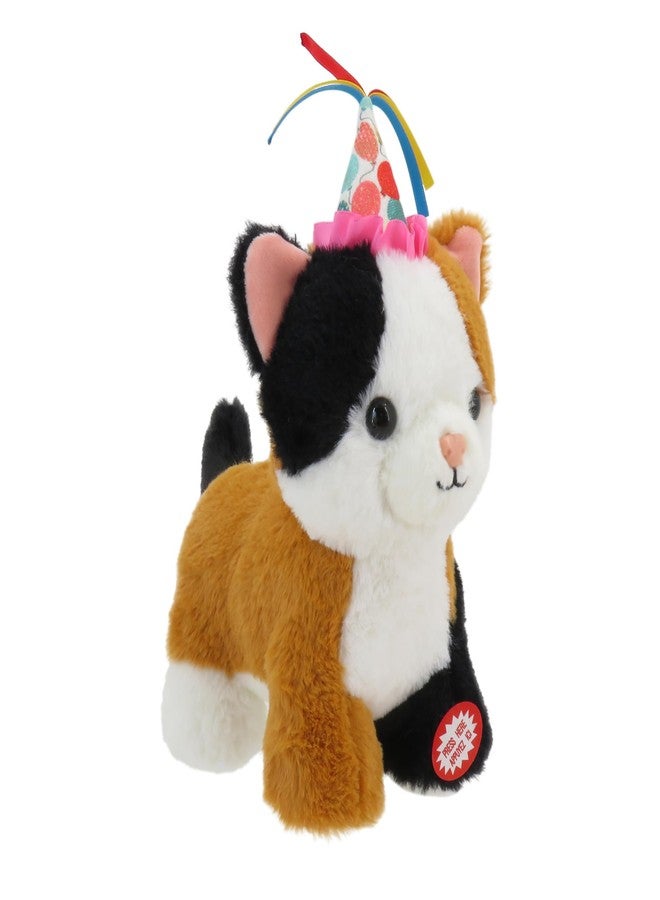Linzy 8.5” Light Up Calico Cat Stuffed Animal with Party Hat, Soft Musical Plush Toy with Magic LED Night Lights, Glowing Cute Cat Plushie, Birthday Christmas for Toddlers Kids & Adults - Image 1